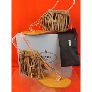 NIB PRADA 1Y703F BEIGE SUEDE FRINGE TRIMMED DOUBLE BUCKLE THONG FLAT SANDALS 36
